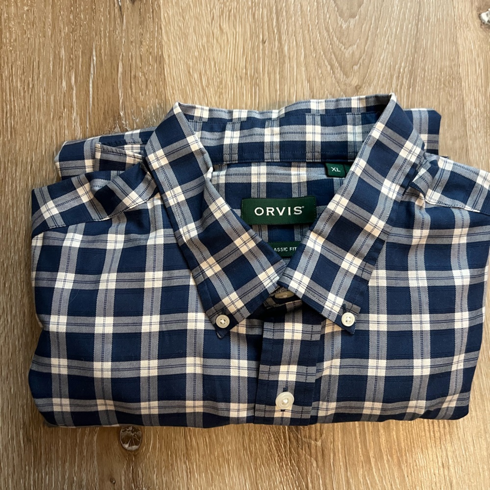 Orvis Blue and white plaid shirt